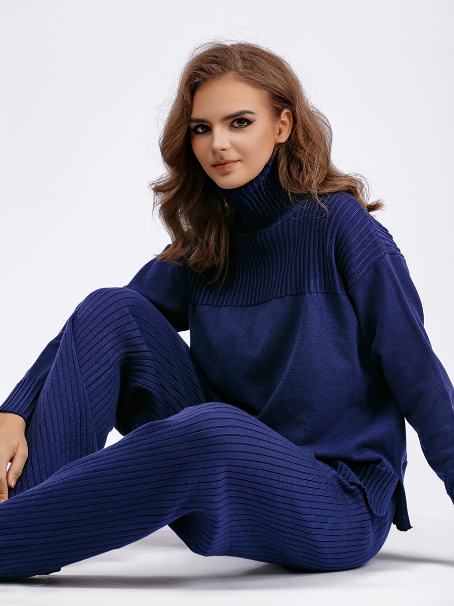 Blue Knitted Turtleneck Pullover Set