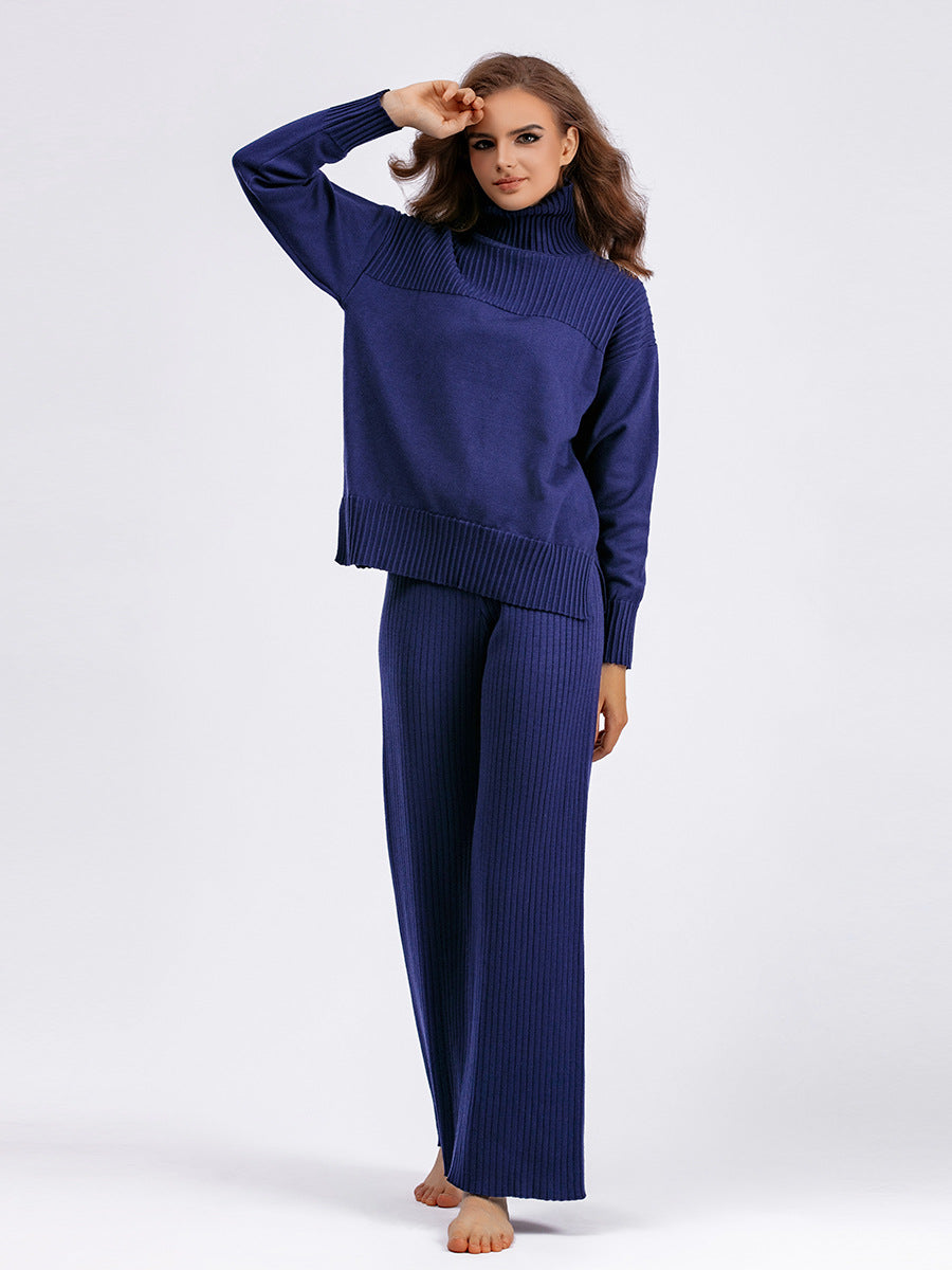 Blue Knitted Turtleneck Pullover Set