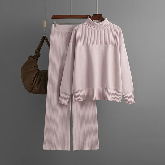 Pink Knitted Turtleneck Pullover Set