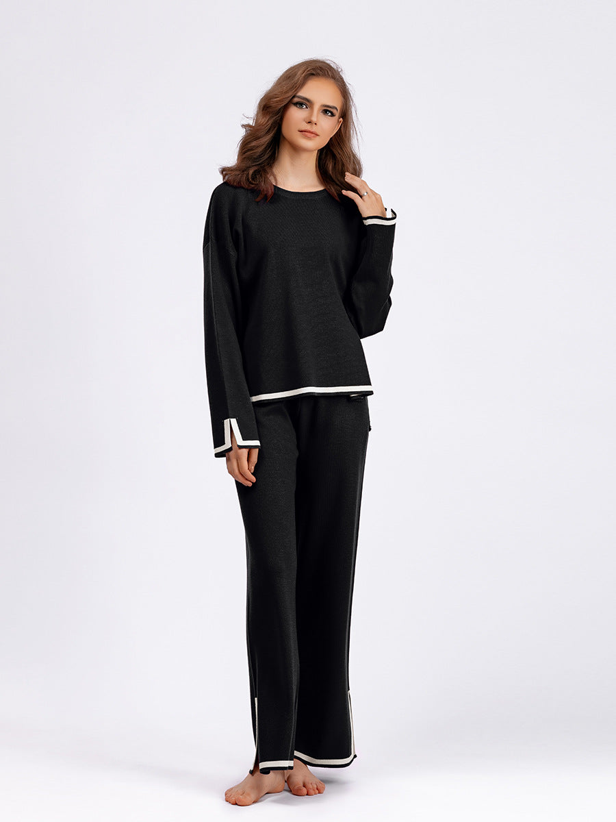 Black Wide Leg Slit Contrast Pajama Set