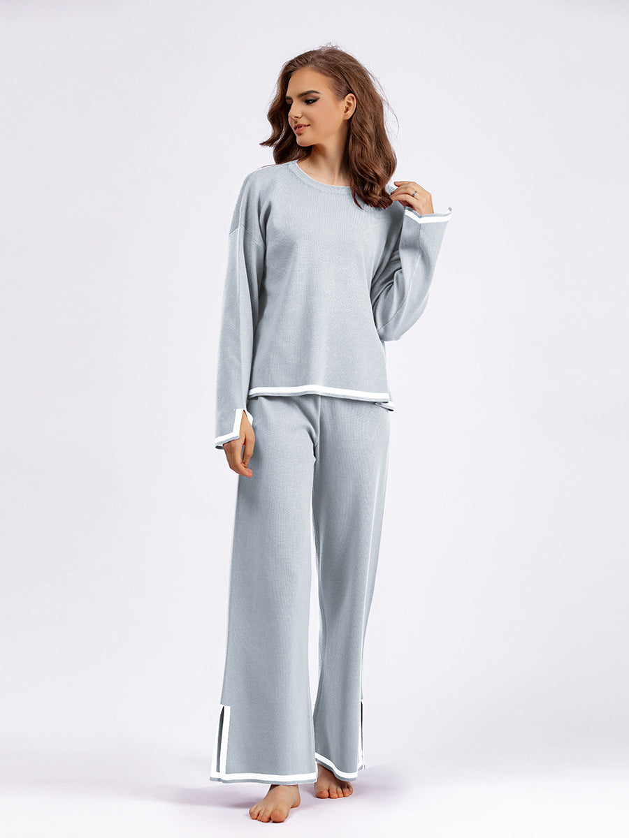 Grey Wide Leg Slit Contrast Pajama Set