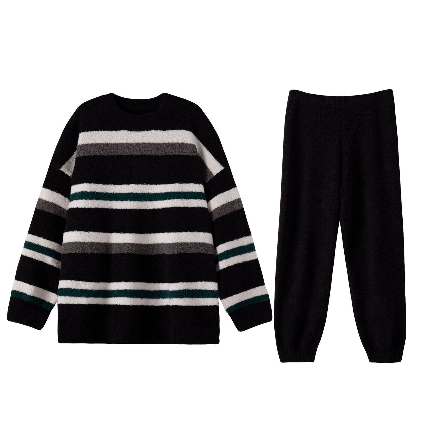 Black Half Velvet Striped winter Pajama Set