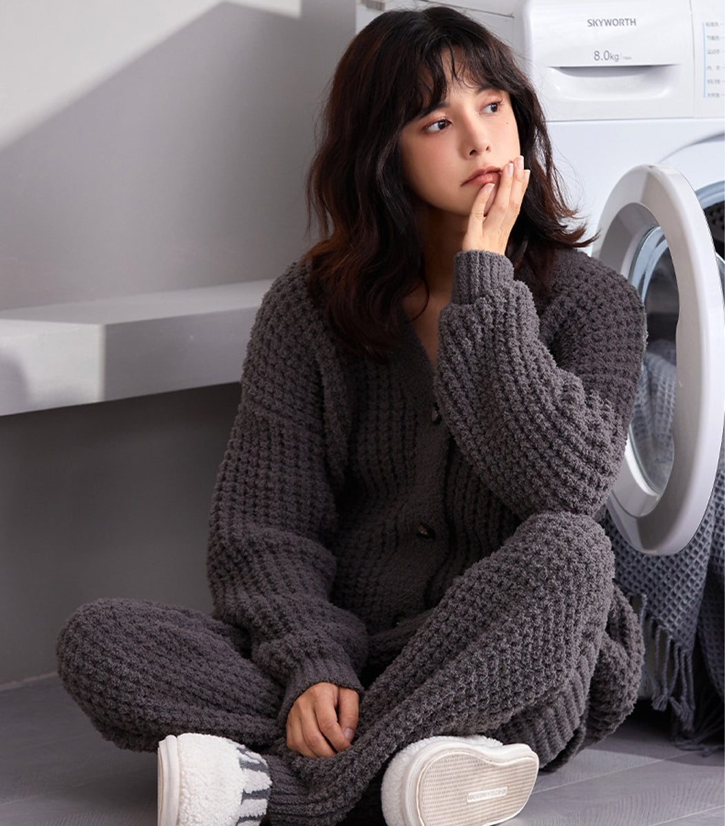 Grey Knitted Weave Cardigan winter Pajama Set