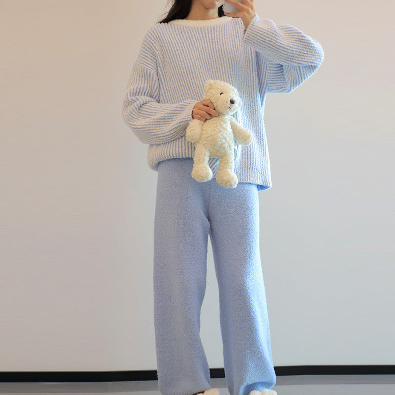 Overall Contrast Stripe Plush Pajama Set