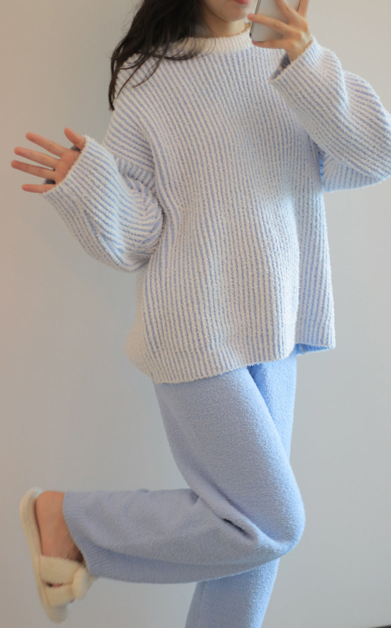 Overall Contrast Stripe Plush Pajama Set