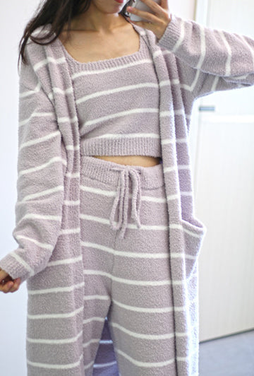 Grey Striped Long Cardigan 3PC Pajama Set