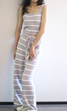 Grey Striped Long Cardigan 3PC Pajama Set