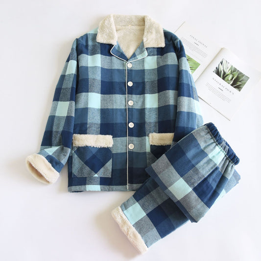 Blue Cotton Flannel Plaid Pajama Set