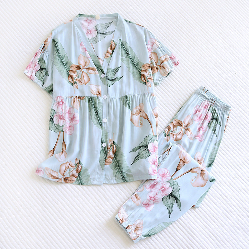 Light Green Floral Cotton V-Neck Pajama Set