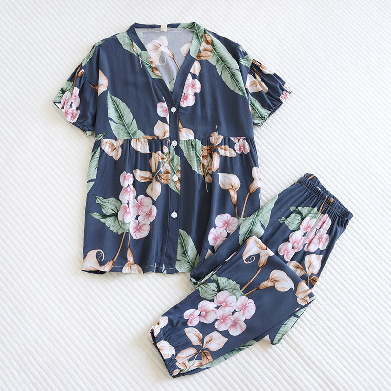 Navy Floral Cotton V-Neck Pajama Set