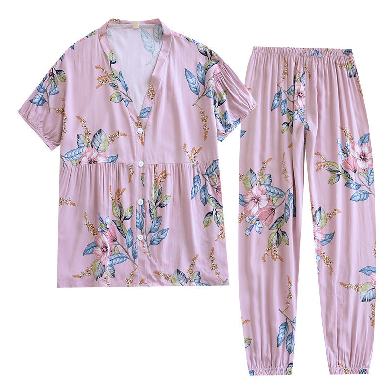 Purple Floral Cotton V-Neck Pajama Set