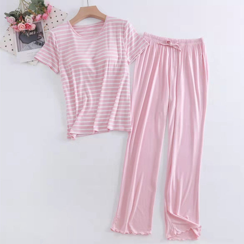 Pink Modal Striped cotton Short Sleeve Pajama Set