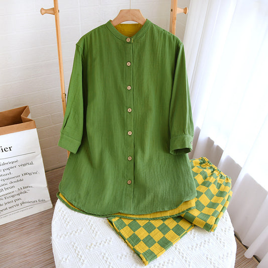 Green Long Cardigan Check Trouser Pajama Set
