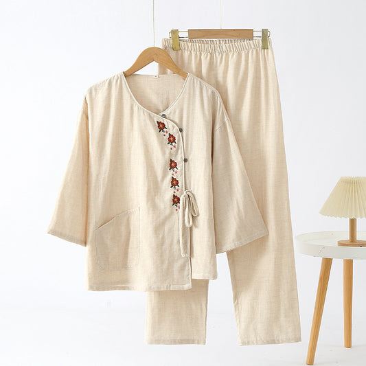 Beige Embroidered Cotton Yarn Pajama Set