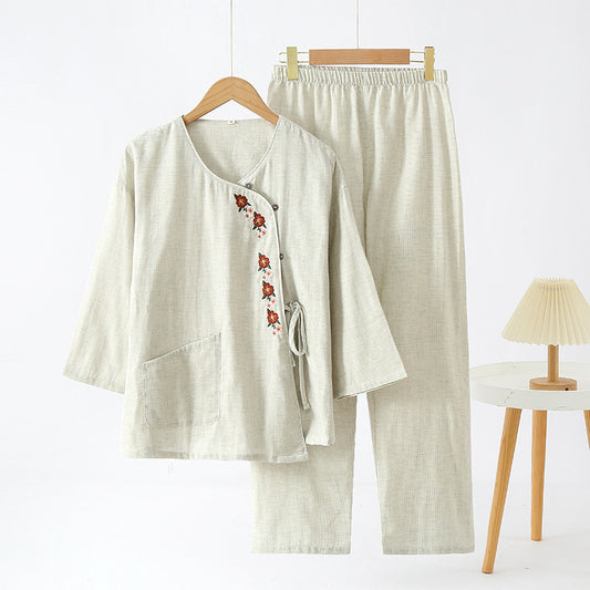 Light Grey Embroidered Cotton Yarn Pajama Set