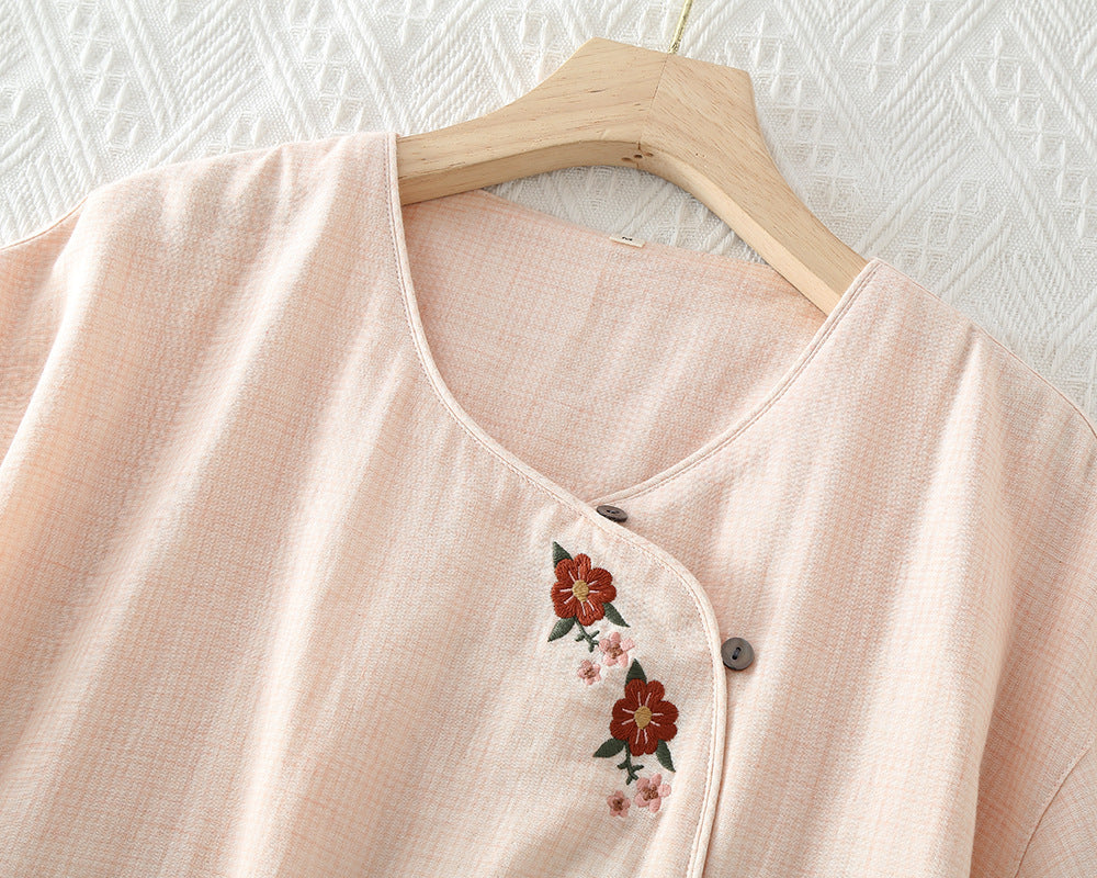 Pink Embroidered Cotton Yarn Pajama Set