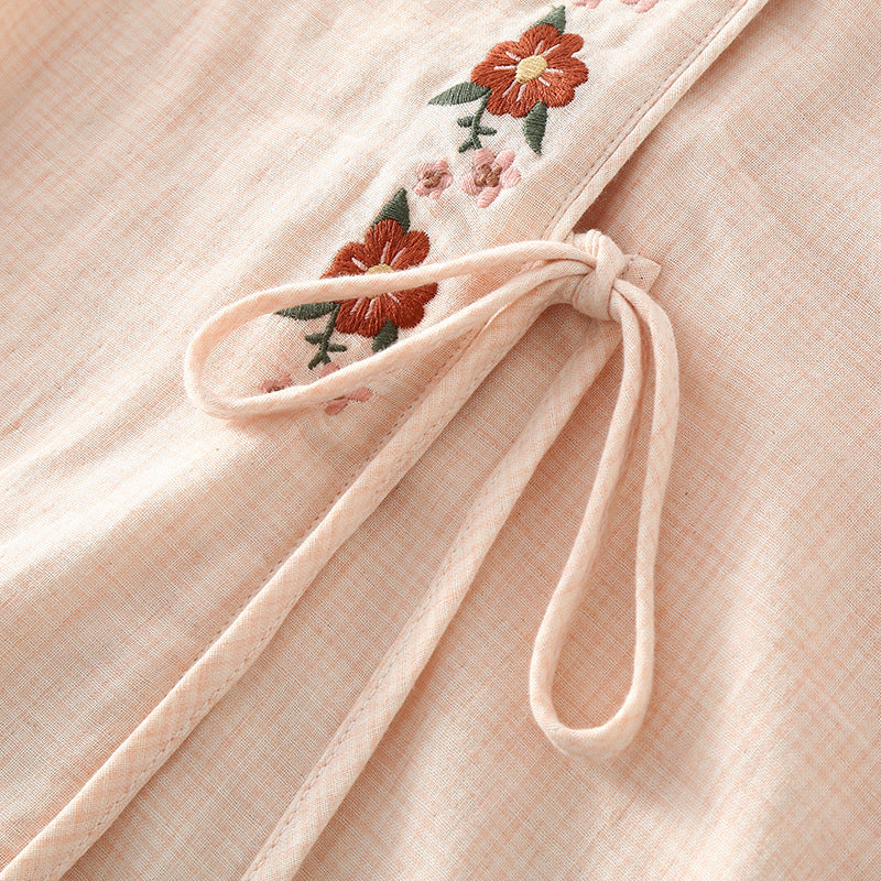 Pink Embroidered Cotton Yarn Pajama Set