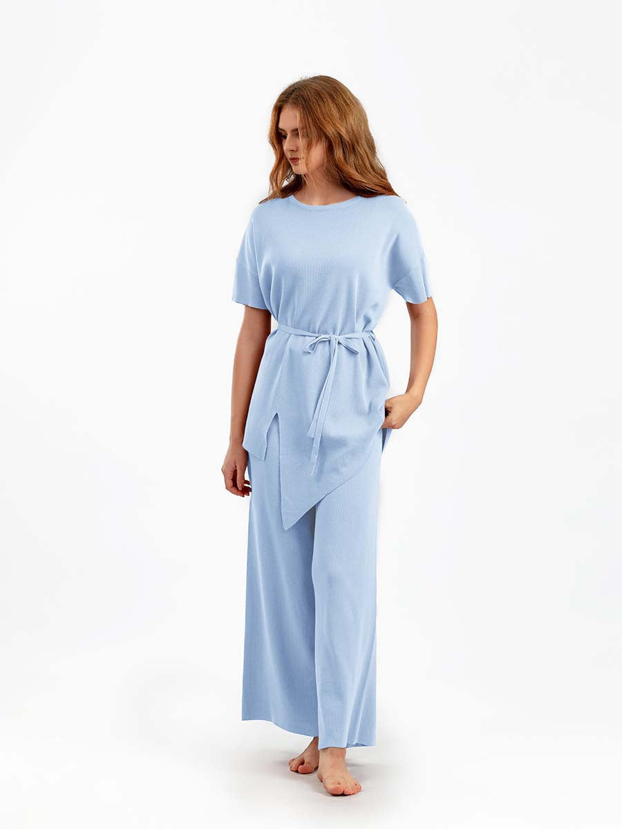 Light Blue Asymettrical Top Wide Leg Pajama Set
