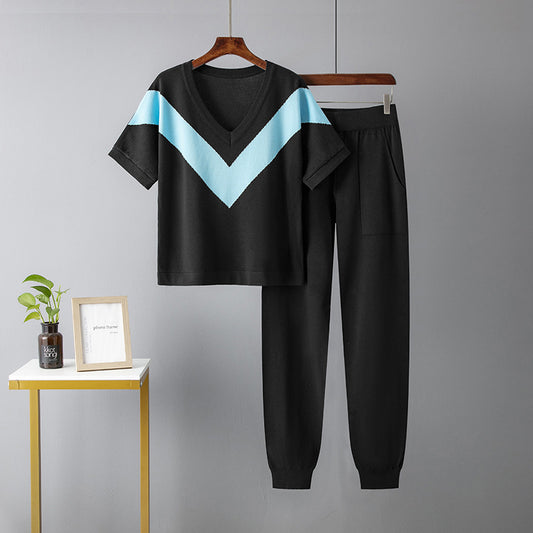 Black Contrast Color High Waist Pajama Set