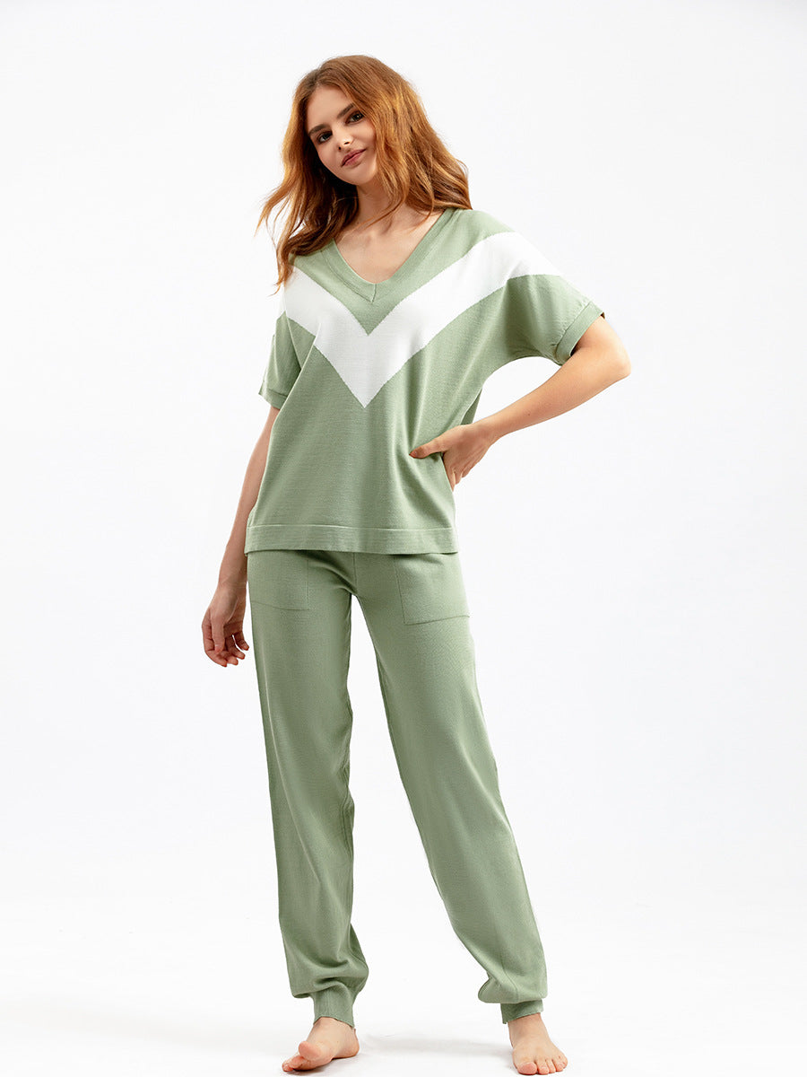 Green Contrast Color High Waist Pajama Set