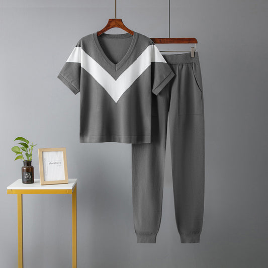 Grey Contrast Color High Waist Pajama Set