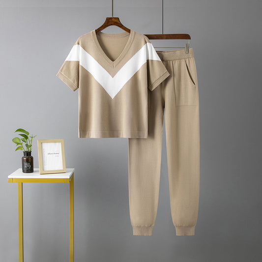 Khaki Contrast Color High Waist Pajama Set