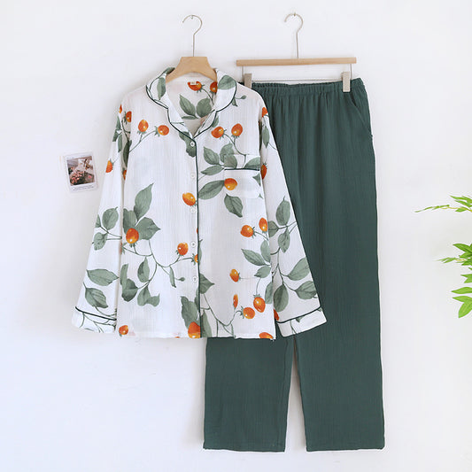 Green Floral Cotton Gauze Pajama Set
