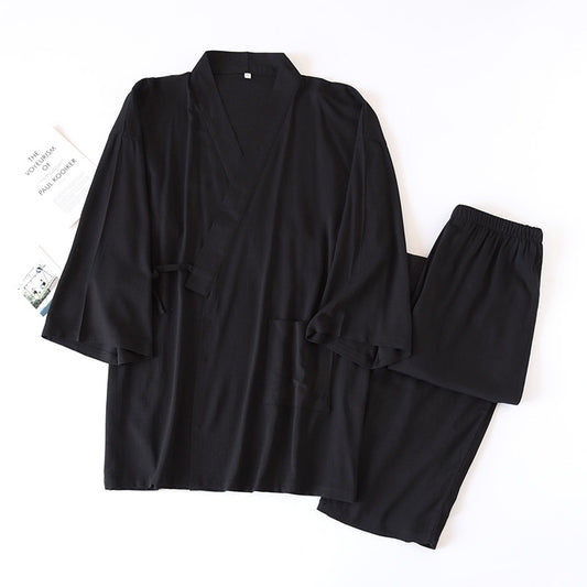 Black Cotton Kimono Style 3/4 Sleeve Pajama Set