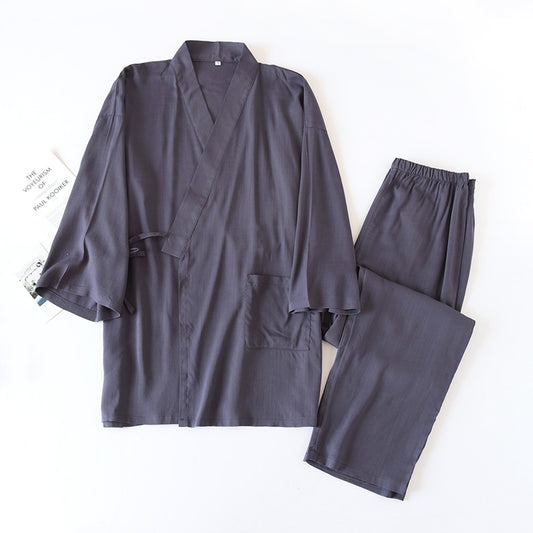Dark Grey Cotton Kimono Style 3/4 Sleeve Pajama Set
