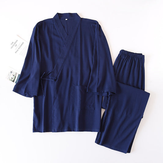 Navy Cotton Kimono Style 3/4 Sleeve Pajama Set