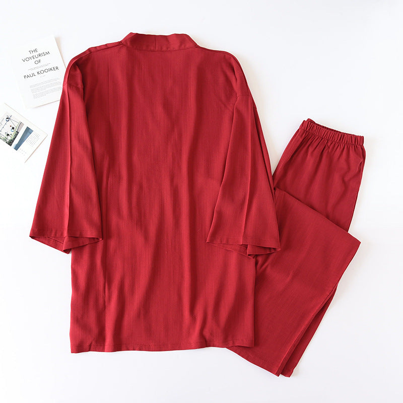 Red Cotton Kimono Style 3/4 Sleeve Pajama Set