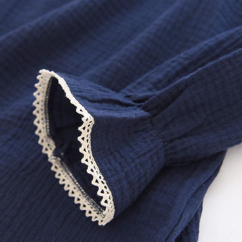 Navy Contrast Lace Cotton Pajama Set