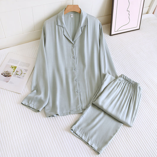 Solid Light Green Long Cotton Silk Pajama Set