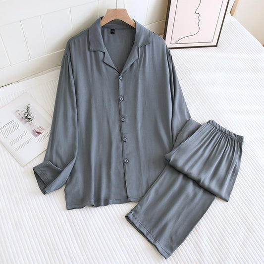 Solid Gray Long Cotton Silk Pajama Set