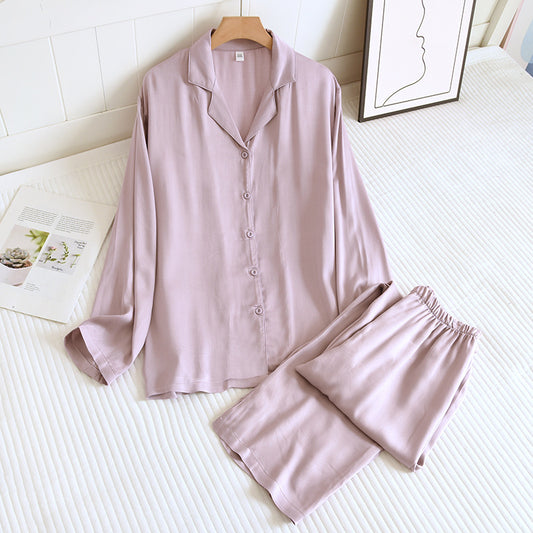 Solid Purple Long Cotton Silk Pajama Set