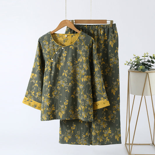 Green AOP Yarn Dyed Plum Blossom Pajama Set
