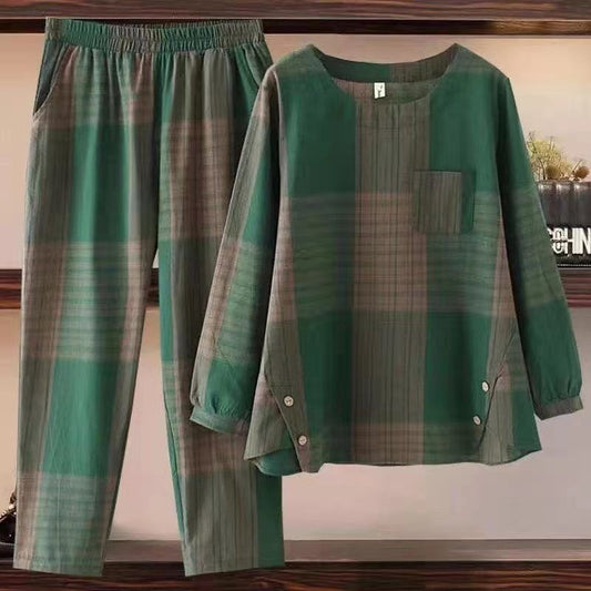 Green Loose Plus Casual Contrast Pajama Set