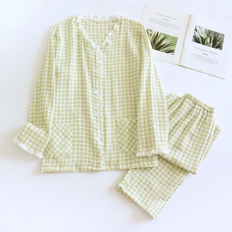 Green 100% Cotton Plaid Lace Pajama Set