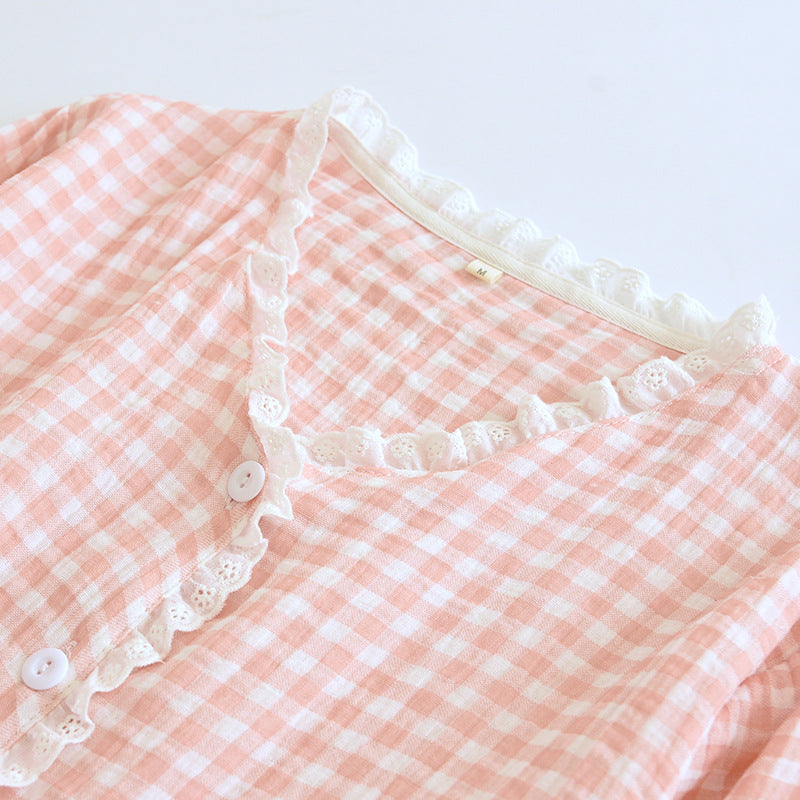 Pink 100% Cotton Plaid Lace Pajama Set