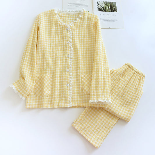 Yellow 100% Cotton Plaid Lace Pajama Set