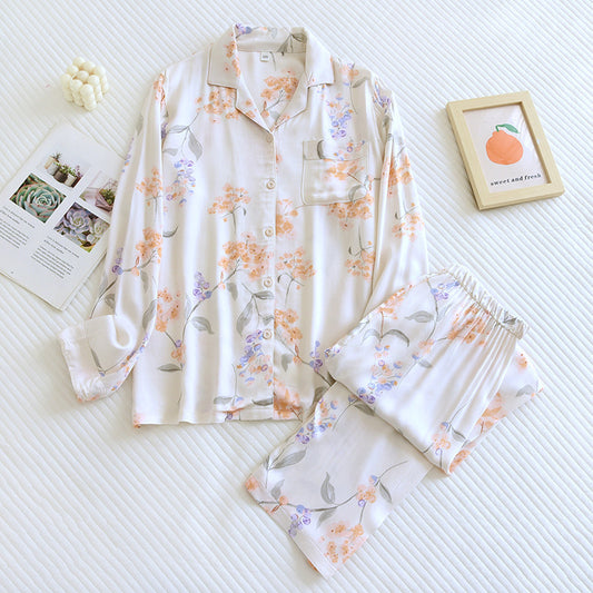 Cream cotton Silk Floral Print Pajama Set
