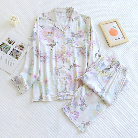 White cotton Silk Floral Print Pajama Set