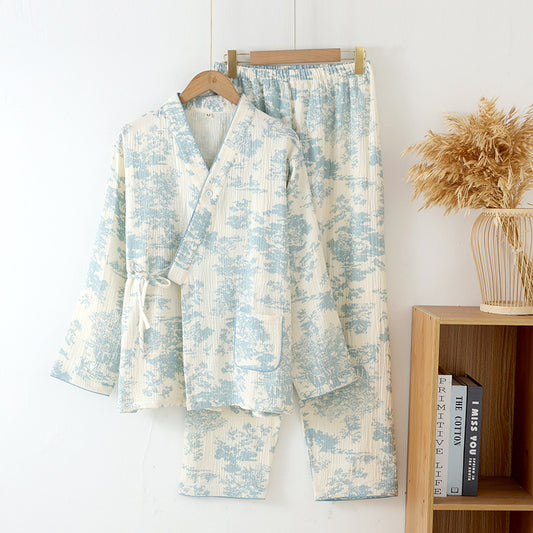 Blue Thin Cotton Kimono Style Pajama Set