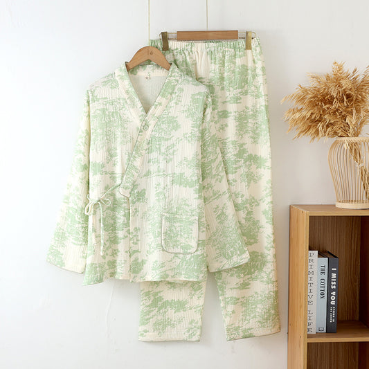 Green Thin Cotton Kimono Style Pajama Set