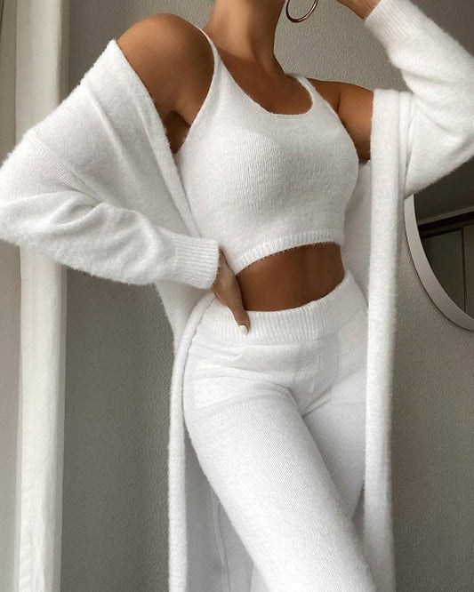 White Plush Short Vest 3PC Pajama Set