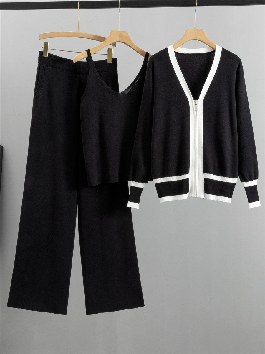 Black Slim Knitted Zipper Cardigan Pajama Set