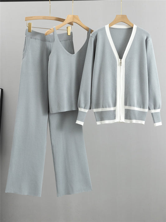 Grey Slim Knitted Zipper Cardigan Pajama Set