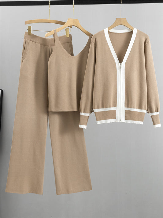 Khaki Slim Knitted Zipper Cardigan Pajama Set