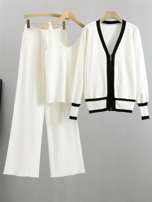 White Slim Knitted Zipper Cardigan Pajama Set