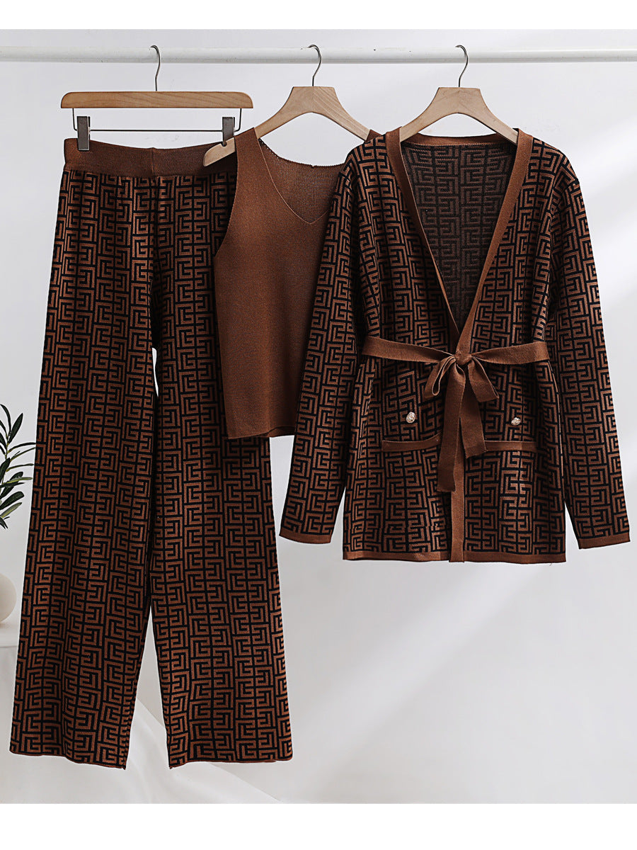 Brown Knitted 3PC Pajama Set